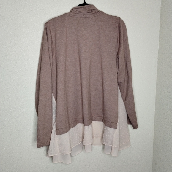 LOGO Lounge Swiss Dot Sheer Trim Tan Open Front Cardigan Women's Size Large - Picture 3 of 5